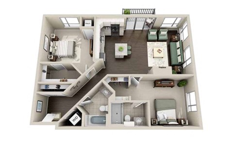 Floor plan for 2 beds, 2 baths, 1082 sqft